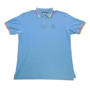 Psycho Bunny Mens Blue Polo Shirt Embroidered Bunny Skull Logo Trim Size 8